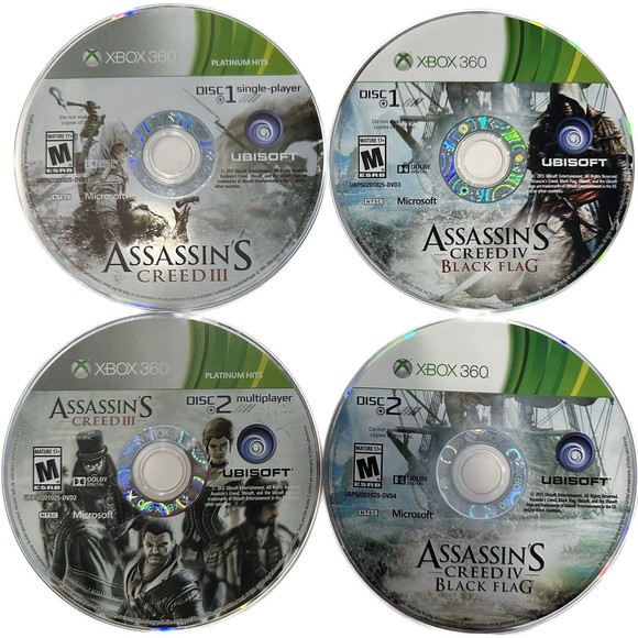 Assassins Creed: 2 Games 3 & 4 (Black Flag) 4 Discs, XBox 360, Disc Only, Tested - Picture 1 of 2